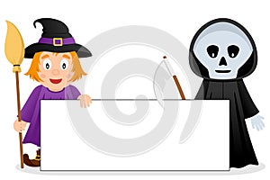 Cute Witch & Grim Reaper with Blank Banner