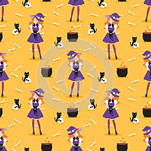 Cute Witch and Halloween Black Cat Seamless Pattern