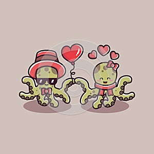 Valentine`s day couple of octopus character holding heart balloons. cute animal couples