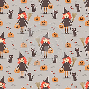 Cute Witch and Halloween Pumpkins Seamless Pattern
