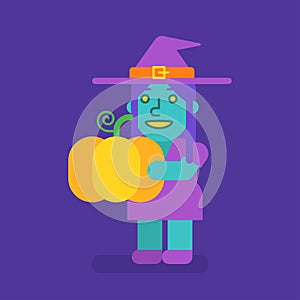 Cute witch holding pumpkin