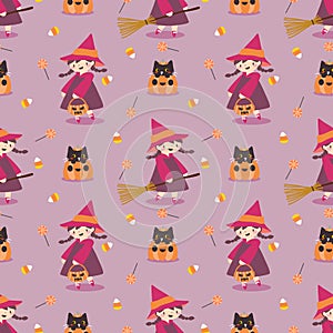 Cute Witch and Little Black Cat Seamless Pattern