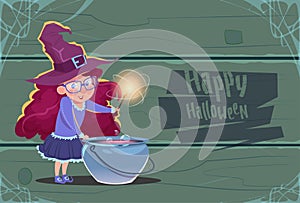 Cute Witch Making Potion In Pot, Happy Halloween Banner Party Celebration Concept photo