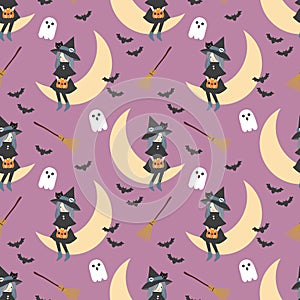 Cute Witch Sit on the Moon Seamless Pattern