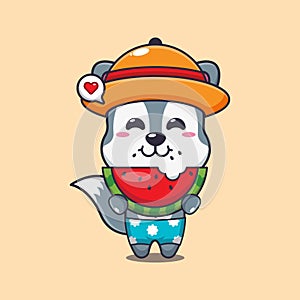 Cute wolf eating fresh watermelon cartoon illustration.