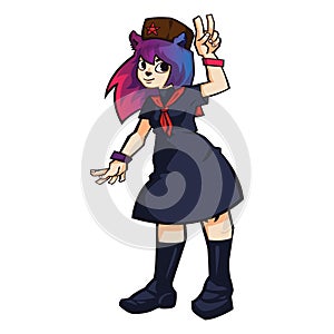 Cute wolf girl with colorful hair showing a victory sign.