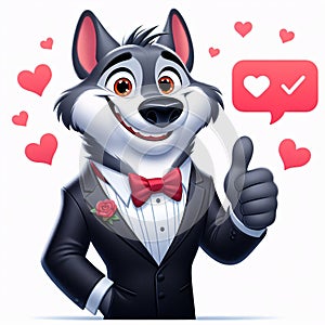 Cute wolf illustration for valentine has love ornaments. Generative AI