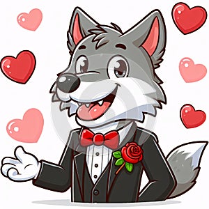 Cute wolf illustration for valentine has love ornaments. Generative AI