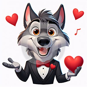 Cute wolf illustration for valentine has love ornaments. Generative AI