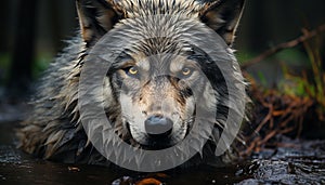 A cute wolf pup in the forest, looking at camera generated by AI