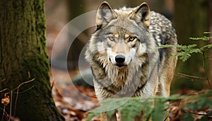 Cute wolf pup sitting in snow, looking at camera generated by AI