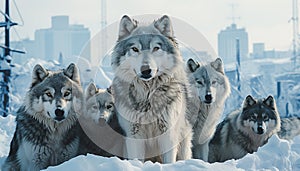 A cute wolf running in the snow, looking at the forest generated by AI