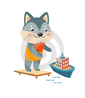 Cute wolf and ship on white background. Cartoon character. Transport and animals. Vector illustration.