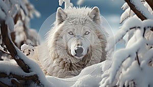 A cute wolf in the snow, running through the forest generated by AI