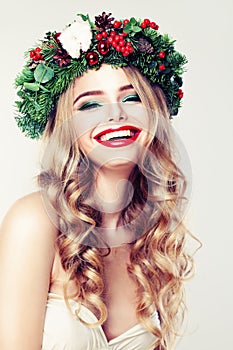 Cute Woman with Blond Permed Hair, Red Lips Makeup