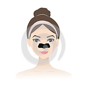 Cute woman with charcoal pore strip on nose vector illustration isolated on white background.