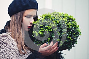 Cute Woman Embracing Green Plant Tree. Environmental Concept