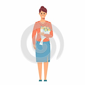 Cute woman holding a bouquet of flowers in her hands. Spring holiday vector illustration in Scandinavian simple style