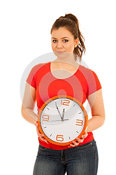 Cute woman holding a clock as a simbol of time management