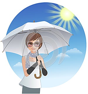 Cute woman holding sunshade umbrella under strong sunlight