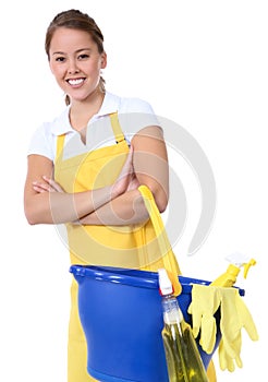 Cute Woman Maid With Cleaning Supplies