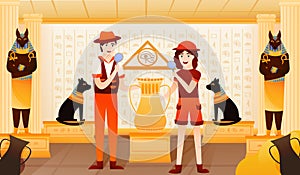 Cute woman and man archaeologist exlore egyptian pyramid, pharaoh tomb in cartoon style with anubis scalpture photo