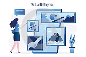 Cute woman presenting online art tour. Virtual gallery. Remote internet museum exhibition. Female art critic talks about artworks