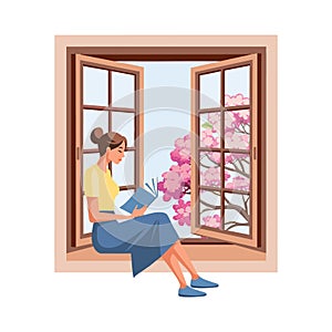 Cute woman reading a book while sitting near an open window with a landscape. Background for a bookstore.