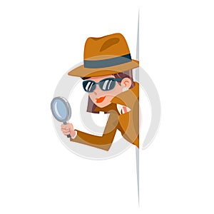 Cute woman snoop detective magnifying glass tec peeking out corner search help noir female cartoon character design