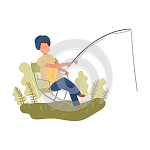 Cute woman with summer hat is on chair, fishing time