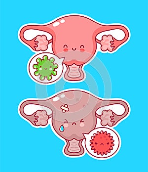 Cute woman uterus organ with good and bad bacteria