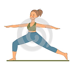 Cute woman in Virabhadrasana II or Warrior Pose.