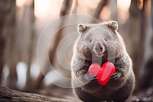 Cute Wombat holding large red heart