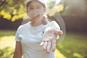 Cute women reach out her hand for Help Give Love and Share