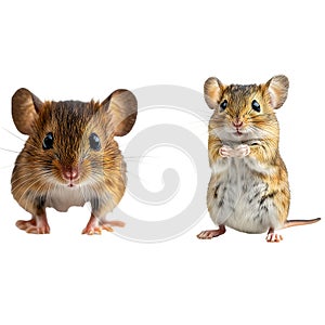 Cute Wood mouse (Apodemus sylvaticus) sitting on hind legs and looking in the camera on white background