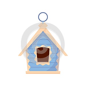 Cute Wooden Bird House of Blue Color, Isolated Birdhouse, Home or Nest with Slope Roof and Hole Entrance on White