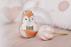 Cute wooden handmade toys for newborn. wooden beanbag, roly-poly. Colorful animal toys set for babies. Non plastic toys concept