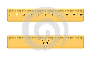 Cute wooden or plastic ruler measure instrument kawaii isolated. School measuring ruler in centimeters scale. Vector 3d
