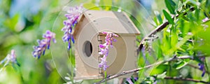 Cute wooden toy bird house in the cute violet blue flowers