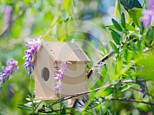 Cute wooden toy bird house in the cute violet blue flowers