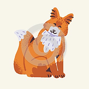 Cute woodland animal, happy and kind fox. Forest predator, furry, sly foxy with red tail sits and smile. Fluffy funny