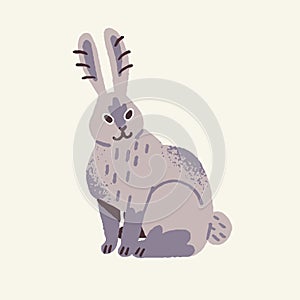 Cute woodland animal, rabbit. Fluffy bunny, wild hare sit with long ears, furry coney and jackrabbit smile. Wood beast