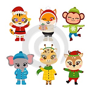 Cute woodland animals in Christmas costume.