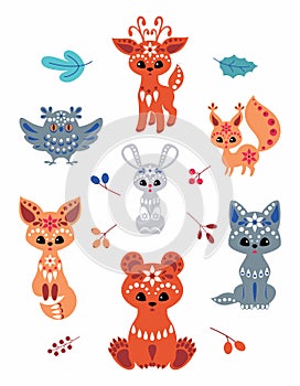 Cute woodland animals in ethnic style set