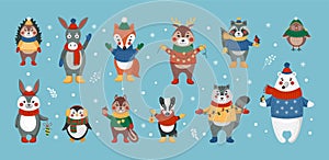 Cute woodland animals, forest rabbit and hedgehog, fox and penguin characters in warm clothes, winter owl, polar bear