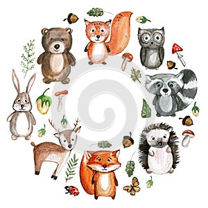 Cute woodland animals Watercolor images Kindergarten zoo icons photo
