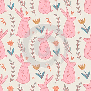 Cute woodland bunny rabbits seamless pattern template trendy cute vector ornate cloth wrapping composition with spring