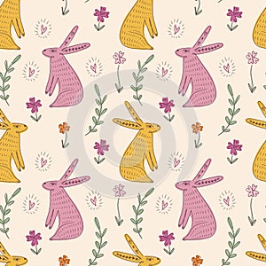 Cute woodland bunny rabbits seamless pattern template trendy cute vector ornate cloth wrapping composition with spring