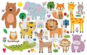 Cute Woodland Safari Jungle Animals Vector Illustration