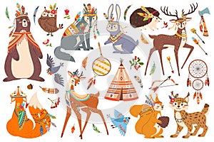 Cute woodland tribal animals, boho tribe forest animal. Fox, owl, wolf, bear, deer characters with american indian